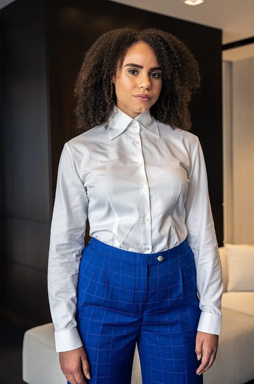 Enya white tall double button peak collar shirt