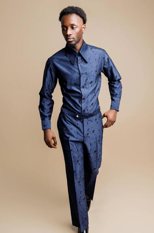 Feyi navy rose paisley, tall double button collar dress shirt with matching wide leg, high-waisted, bell-bottom trousers.