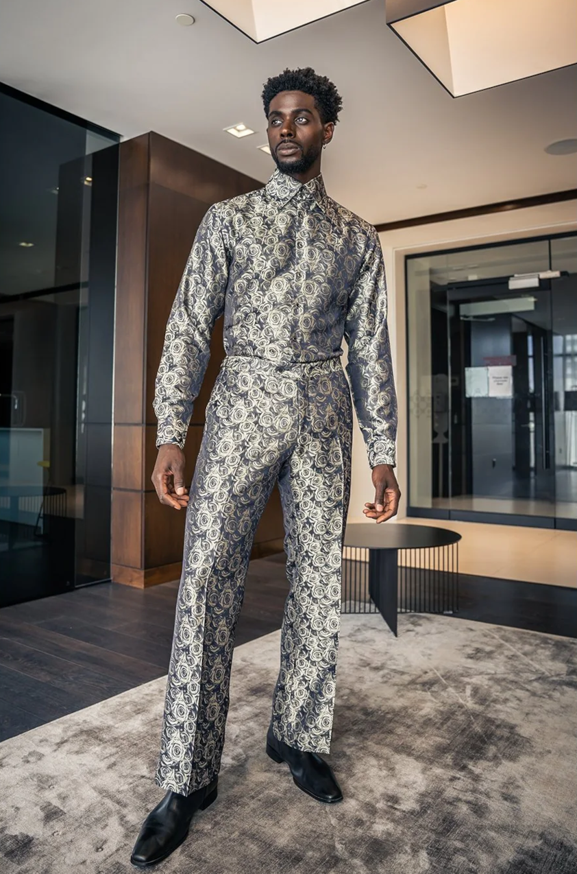 Foli rose gold paisley, tall double button collar shirt with matching wide leg, high waisted, bell bottom trousers.
