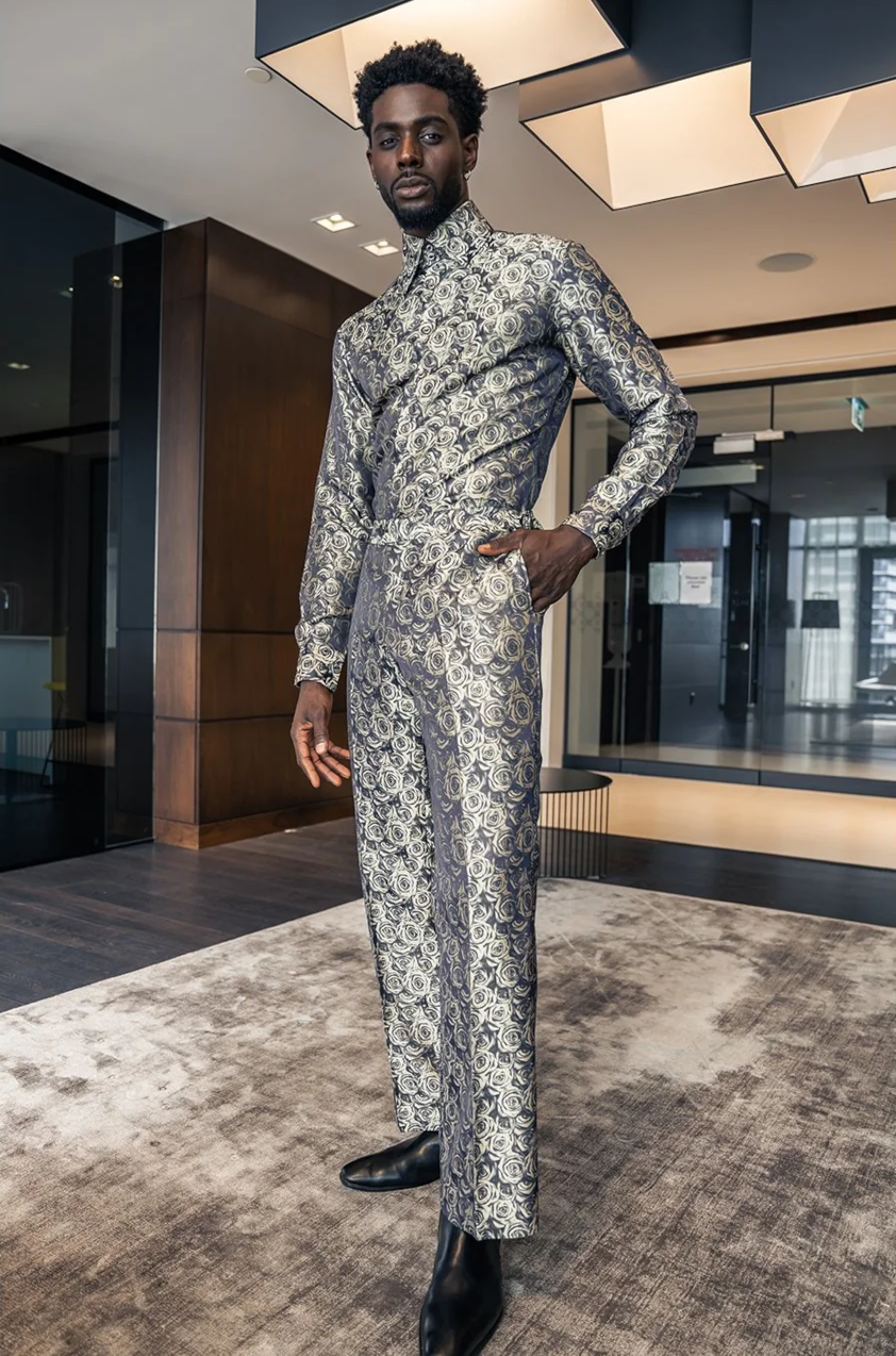 Foli rose gold paisley, tall double button collar shirt with matching wide leg, high waisted, bell bottom trousers.