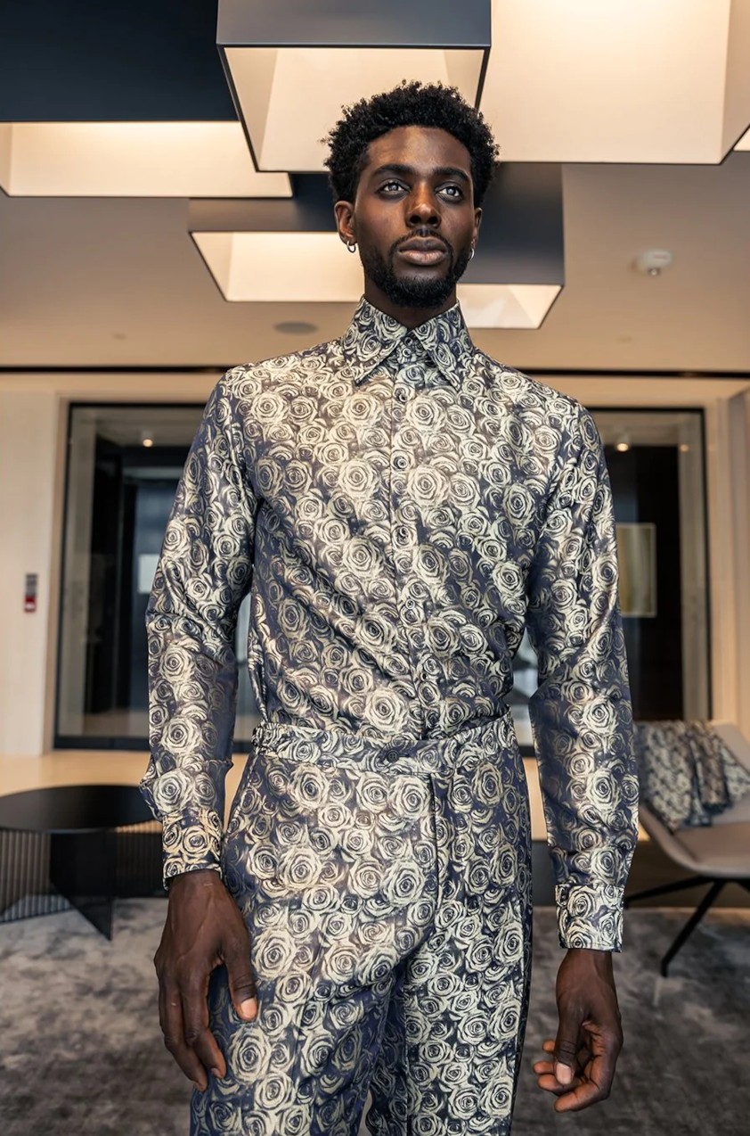 Foli rose gold paisley, tall double button collar shirt with matching wide leg, high waisted, bell bottom trousers.