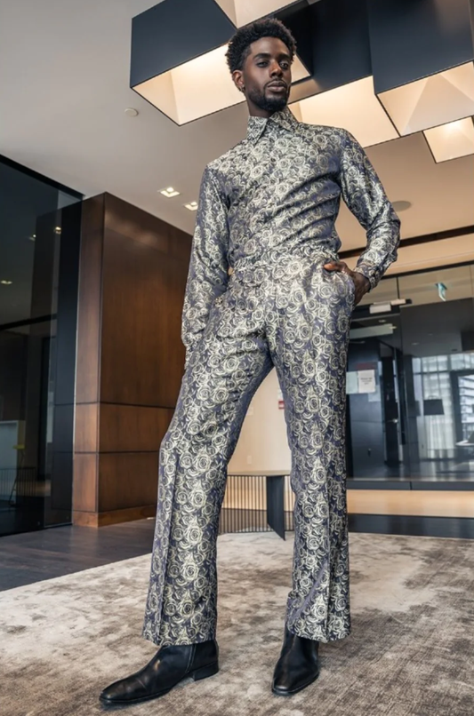 Foli rose gold paisley, tall double button collar shirt with matching wide leg, high waisted, bell bottom trousers.