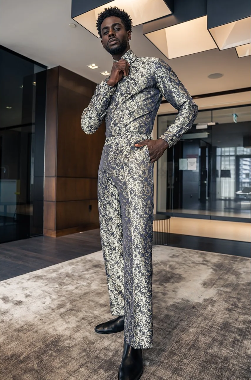 Foli rose gold paisley, tall double button collar shirt with matching wide leg, high waisted, bell bottom trousers.