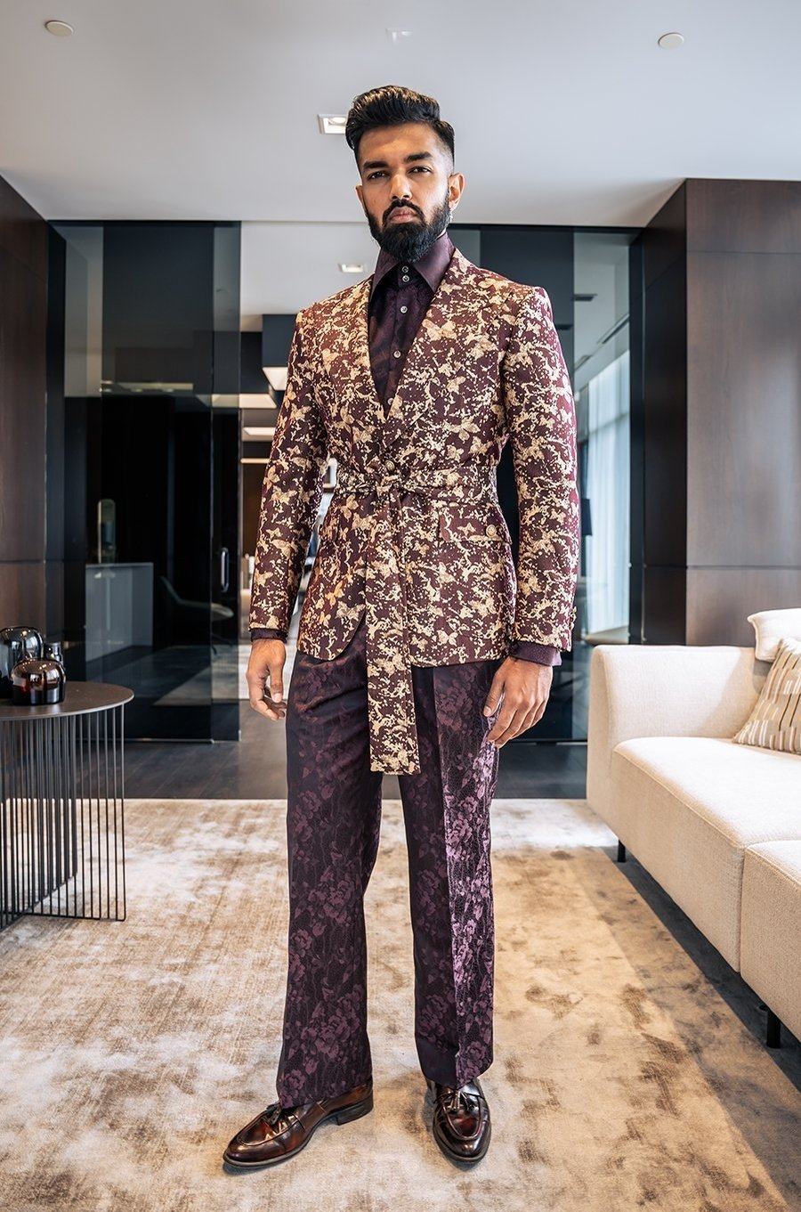 Ganyo philamot, single-breasted jacket with waist belt, crafted in cashmere poly-wool