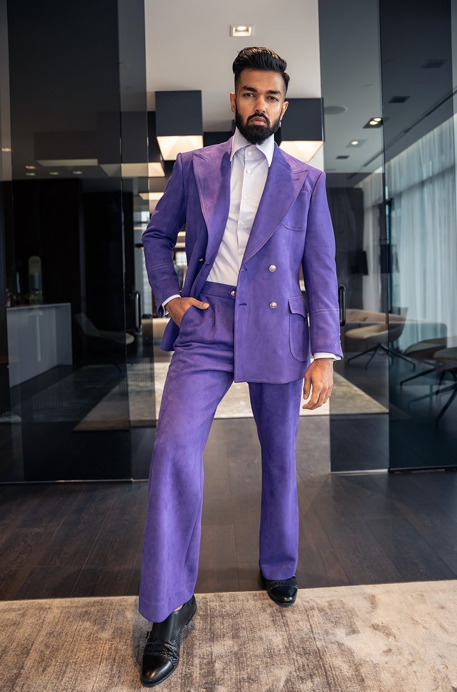 Magava double-breasted suit. Crafted in soft suede fabric