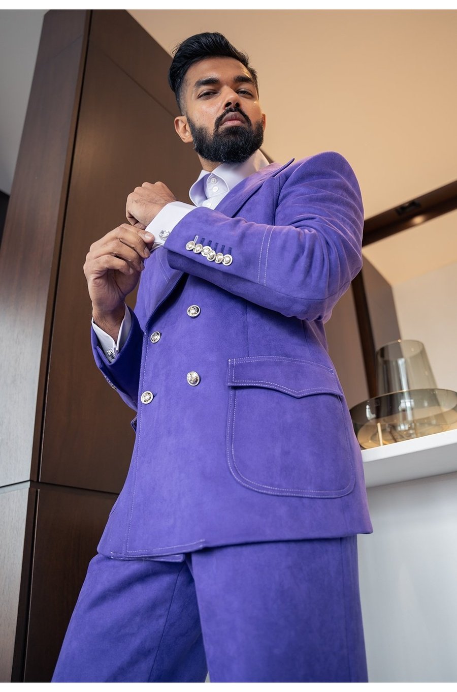 Magava double-breasted suit. Crafted in soft suede fabric