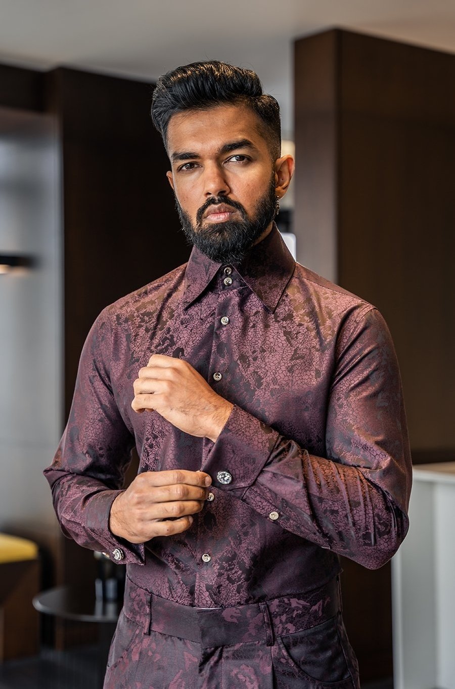 Malike mottled, tall double button collar shirt with matching wide leg, high-waisted, straight cut trousers.