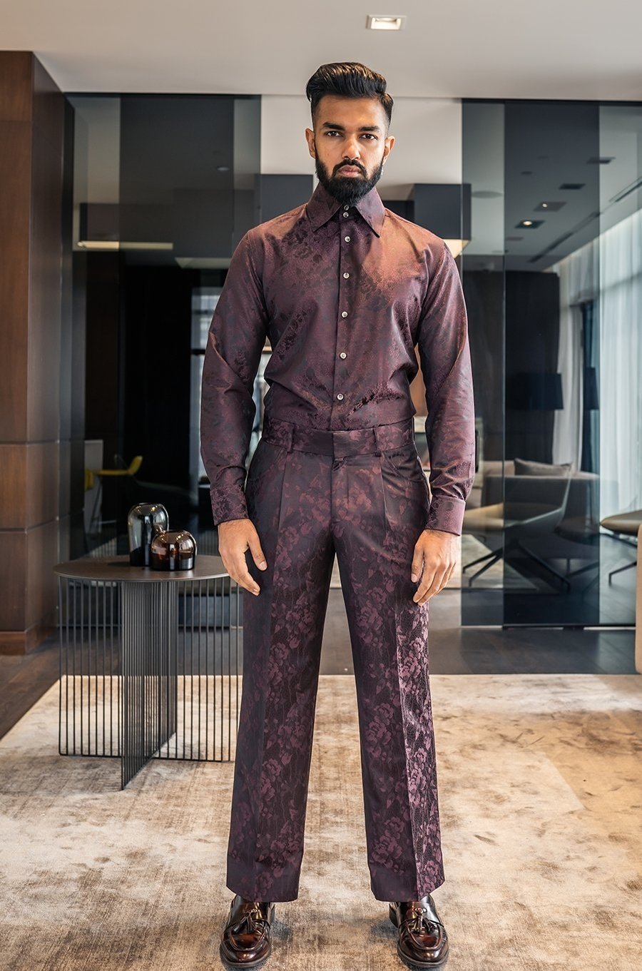 Malike mottled, tall double button collar shirt with matching wide leg, high-waisted, straight cut trousers.